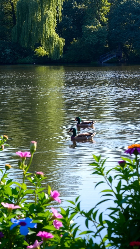 Duck Wallpaper in 16:9 Aspect Ratio A pair of ducks swimming on a calm lake surrounded by greenery and flowers.